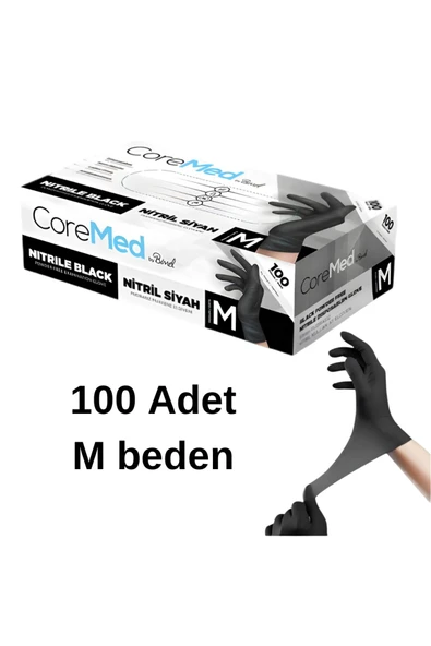 COREMED 100 lü Çok Amaçlı Pudrasız Nitril Eldiven Siyah, M beden ürün görseli