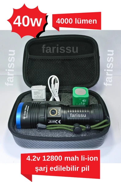 GS-14000 40W Avcı El Feneri – 4000 Lümen, 12800 mAh Li-ion Şarjlı, Su Geçirmez, Taşıma Çantalı Kamp ve Balıkçı Feneri