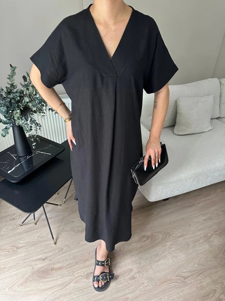 Kadın Keten Elbise Siyah - Resim 4
