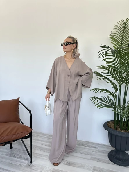 Kadın Bluz Pantolon Takım Vizon - Resim 3