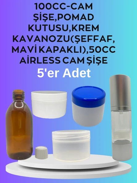 Cam Şişe ,Kutu Set 100cc Amber Cam Şişe ,Pomad Kutusu,Krem kavonoz ,Airless Cam Şişe 50cc  5'li Set