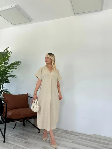 Kadın Keten Elbise Taş Rengi ürün görseli 1