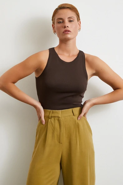 Keten Palazzo Pantolon Olive - Resim 3