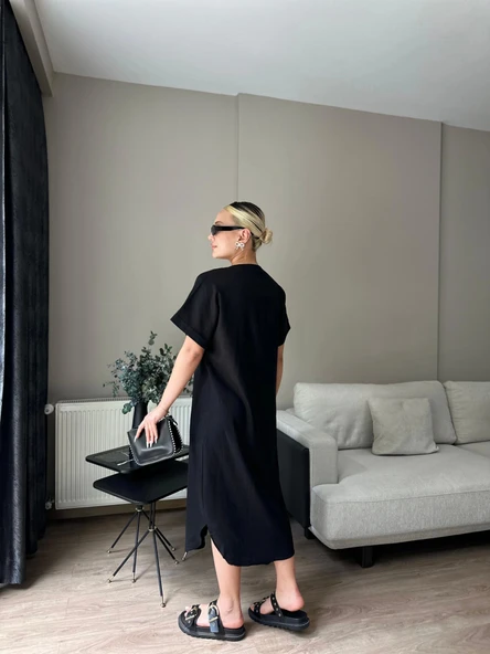 Kadın Keten Elbise Siyah - Resim 2