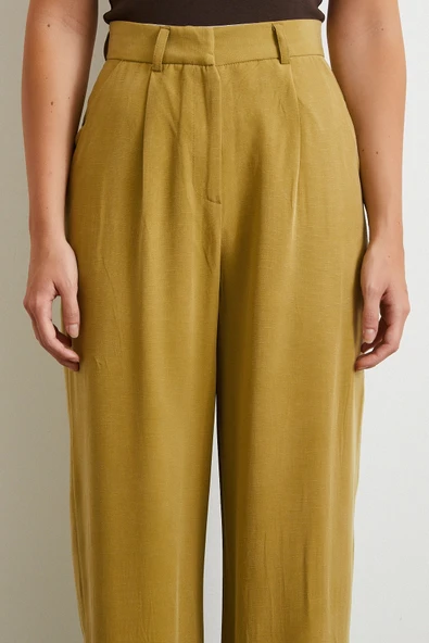 Keten Palazzo Pantolon Olive - Resim 5