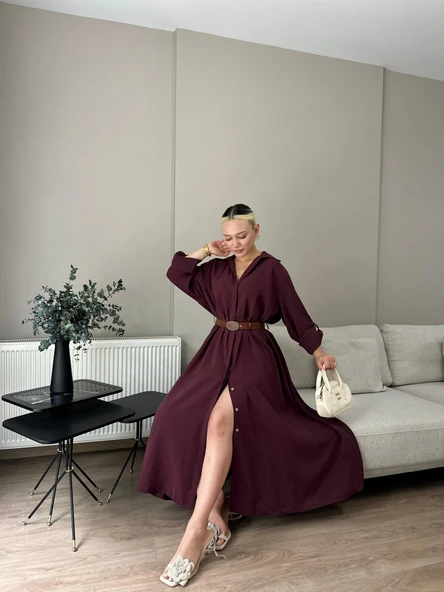 Kadın Kemer Detaylı Gömlek Elbise Bordo - 6