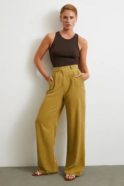 Keten Palazzo Pantolon Olive ürün görseli