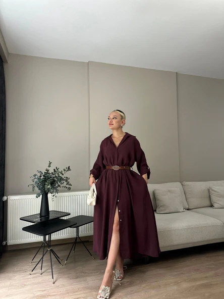 Kadın Kemer Detaylı Gömlek Elbise Bordo - 5