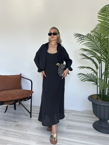 Kadın Gömlek Elbise Takım Siyah - Resim 3