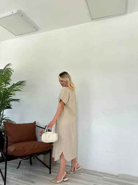 Kadın Keten Elbise Taş Rengi - Resim 2