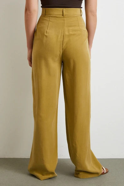 Keten Palazzo Pantolon Olive - Resim 6