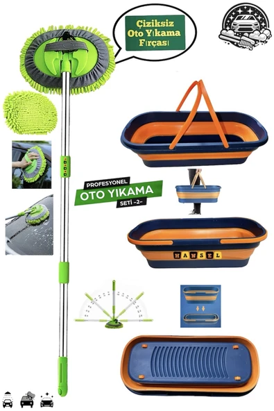 Teleskopik Oto Temizlik Mopu + Katlanabilir Tekerlekli Kova OTO YIKAMA SET