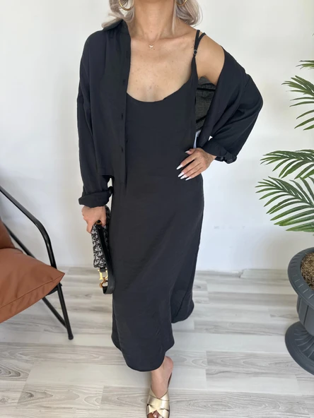 Kadın Gömlek Elbise Takım Siyah - Resim 2