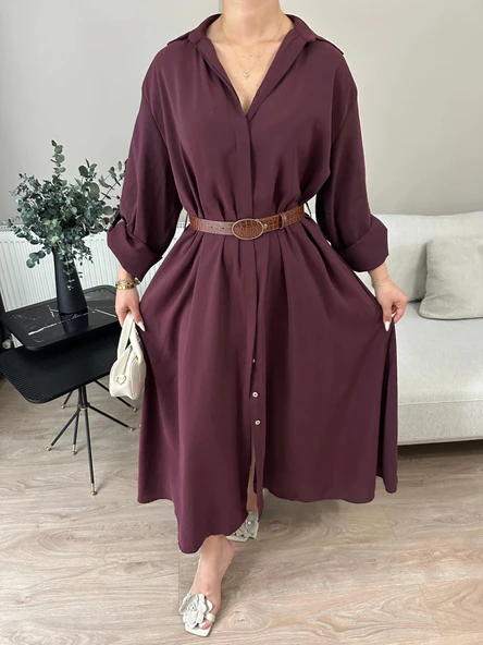 Kadın Kemer Detaylı Gömlek Elbise Bordo - 3