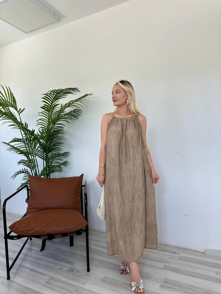 Kadın Askılı Elbise Taş Rengi