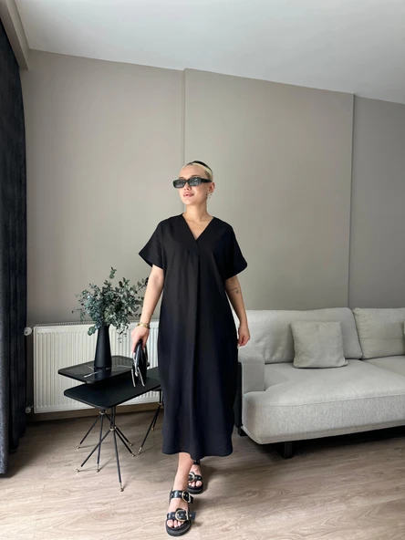 Kadın Keten Elbise Siyah ürün görseli 1