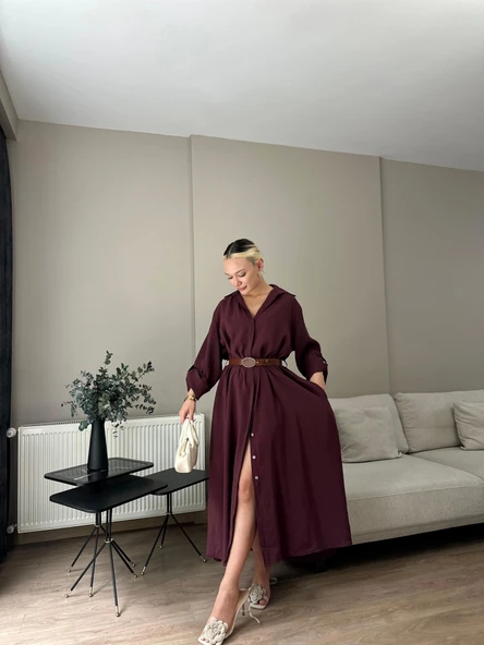 Kadın Kemer Detaylı Gömlek Elbise Bordo