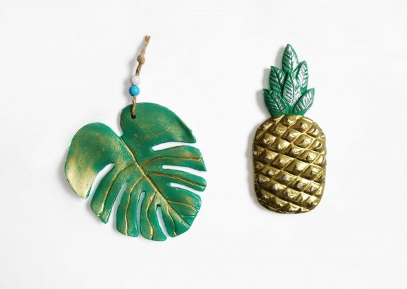 Dekoratif İkili Ananas ve Yaprak Duvar Süsü İkili Set Ev Dekoru