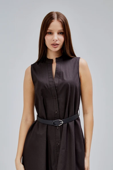 Acı Kahve Regular C Yaka Kemerli Pamuklu Poplin Elbise - 7