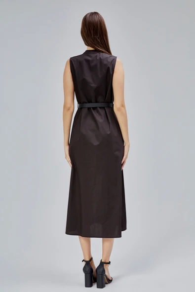 Acı Kahve Regular C Yaka Kemerli Pamuklu Poplin Elbise - 3