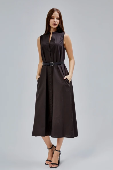 Acı Kahve Regular C Yaka Kemerli Pamuklu Poplin Elbise - 10