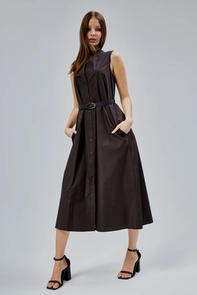 Acı Kahve Regular C Yaka Kemerli Pamuklu Poplin Elbise