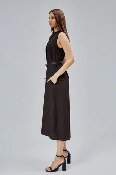 Acı Kahve Regular C Yaka Kemerli Pamuklu Poplin Elbise - 6