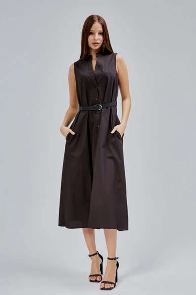 Acı Kahve Regular C Yaka Kemerli Pamuklu Poplin Elbise - 9