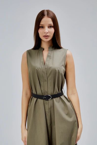 Haki Regular C Yaka Kemerli Pamuklu Poplin Elbise - 16