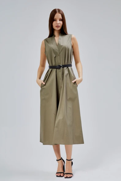 Haki Regular C Yaka Kemerli Pamuklu Poplin Elbise - 20
