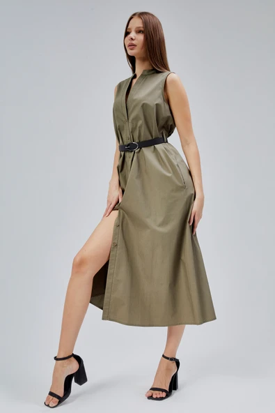 Haki Regular C Yaka Kemerli Pamuklu Poplin Elbise - 12