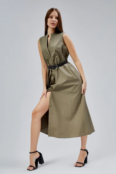 Haki Regular C Yaka Kemerli Pamuklu Poplin Elbise - 11