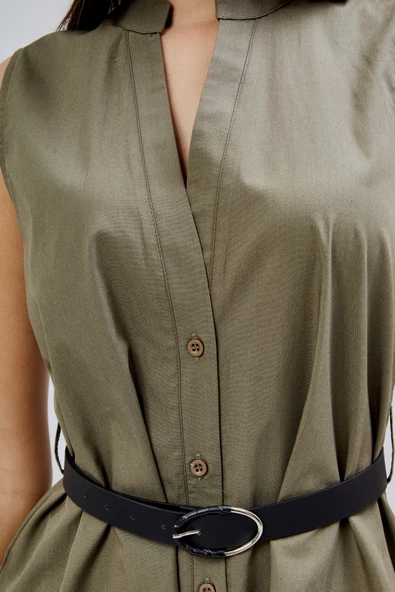 Haki Regular C Yaka Kemerli Pamuklu Poplin Elbise - 4