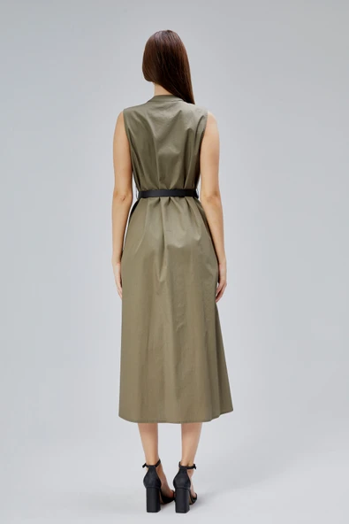 Haki Regular C Yaka Kemerli Pamuklu Poplin Elbise - 3