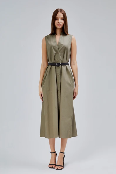 Haki Regular C Yaka Kemerli Pamuklu Poplin Elbise - 7