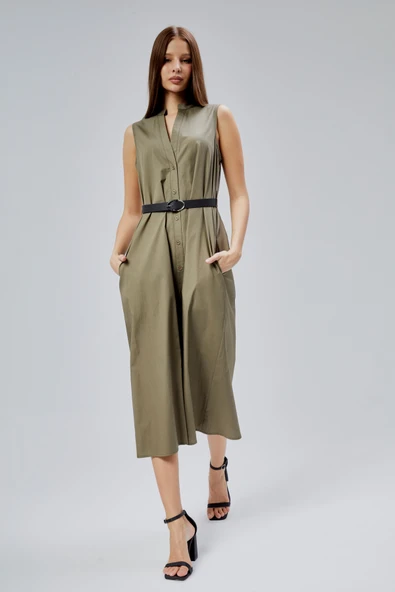 Haki Regular C Yaka Kemerli Pamuklu Poplin Elbise - 8