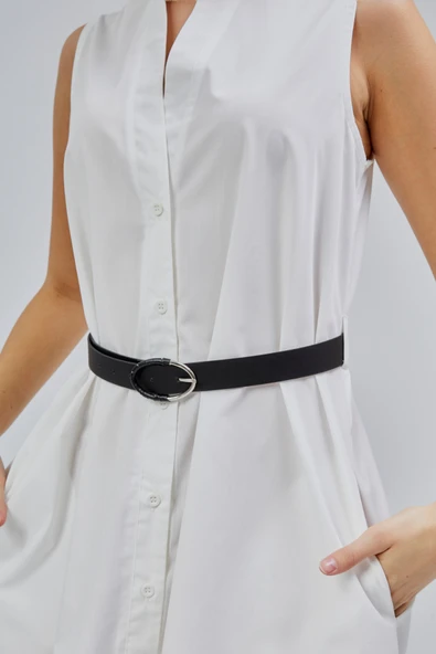 Ekru Regular C Yaka Kemerli Pamuklu Poplin Elbise - 4