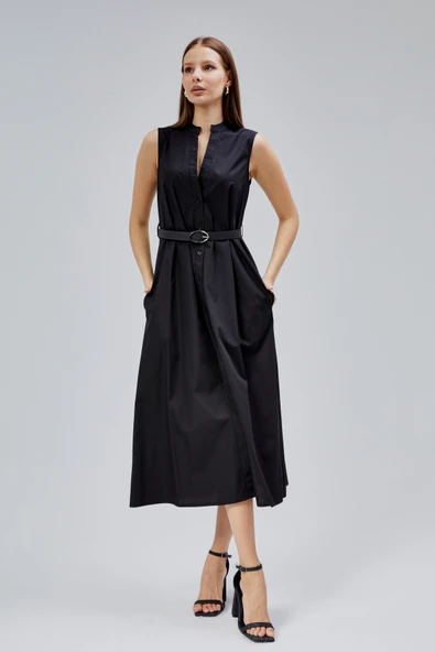 Siyah Regular C Yaka Kemerli Pamuklu Poplin Elbise - 7