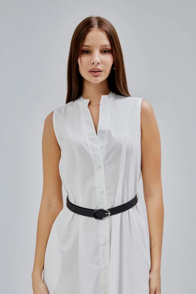 Ekru Regular C Yaka Kemerli Pamuklu Poplin Elbise - 6