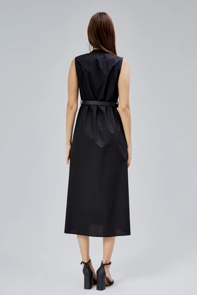 Siyah Regular C Yaka Kemerli Pamuklu Poplin Elbise - 12