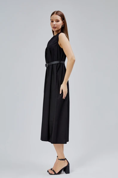 Siyah Regular C Yaka Kemerli Pamuklu Poplin Elbise - 16