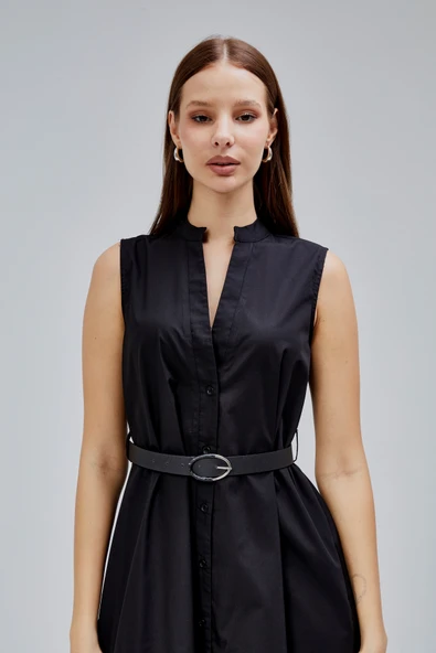 Siyah Regular C Yaka Kemerli Pamuklu Poplin Elbise