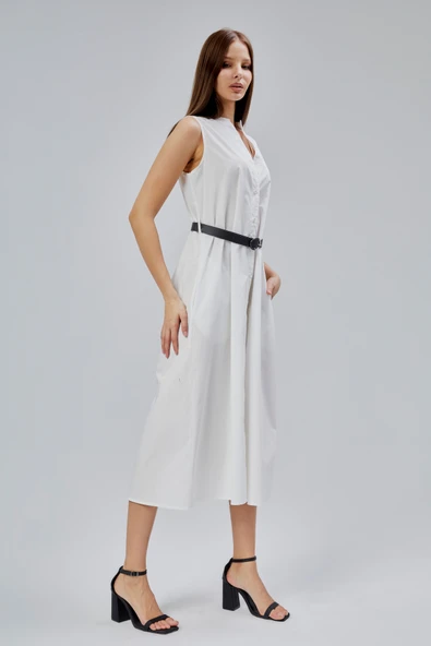 Ekru Regular C Yaka Kemerli Pamuklu Poplin Elbise - 5
