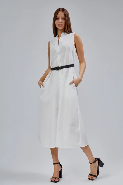 Ekru Regular C Yaka Kemerli Pamuklu Poplin Elbise - 9