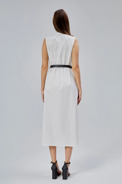 Ekru Regular C Yaka Kemerli Pamuklu Poplin Elbise - 3