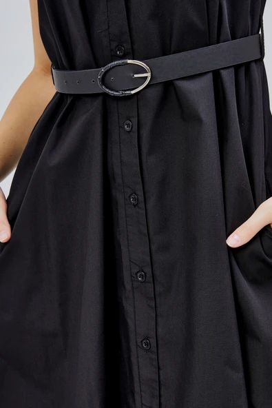 Siyah Regular C Yaka Kemerli Pamuklu Poplin Elbise - 13