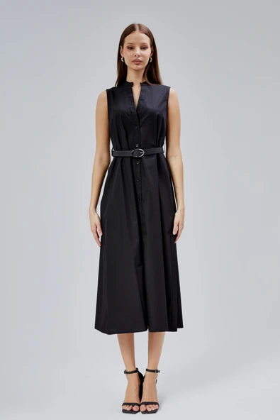 Siyah Regular C Yaka Kemerli Pamuklu Poplin Elbise - 11