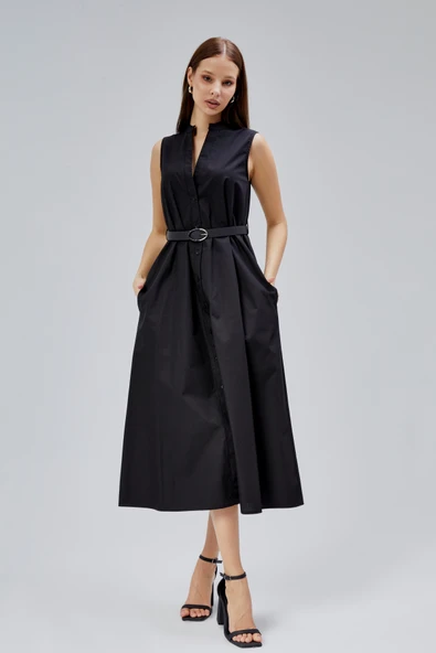 Siyah Regular C Yaka Kemerli Pamuklu Poplin Elbise - 6