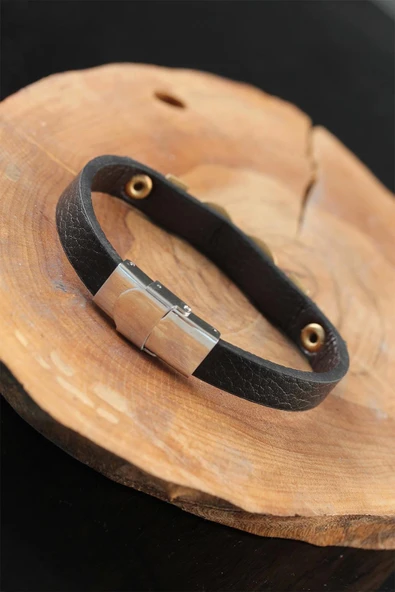 Gold Renk Sonsuzluklu Metal Aksesuarlı Siyah Deri Erkek Bileklik - 2