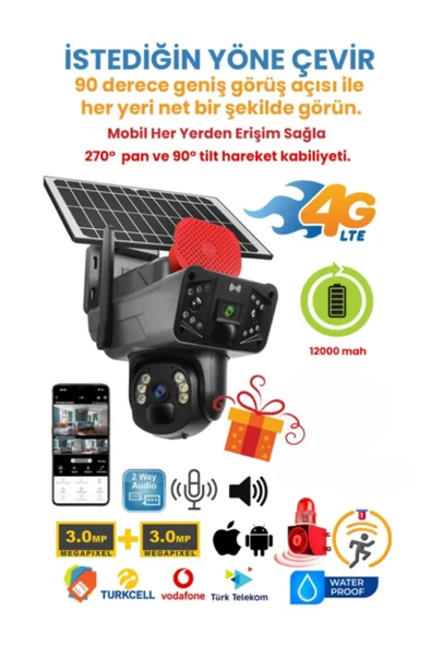 O-KAM Solar Panelli, Güneş Enerjili, SIM Kartlı 4G, 6MP Çift Lens PTZ Hareket Algılamalı Güvenlik Kamerası
